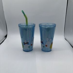 Lot of 2 Starbucks Limited Edition 16 Oz Bunny Rabbit Cup Tumbler Lid Straw NEW